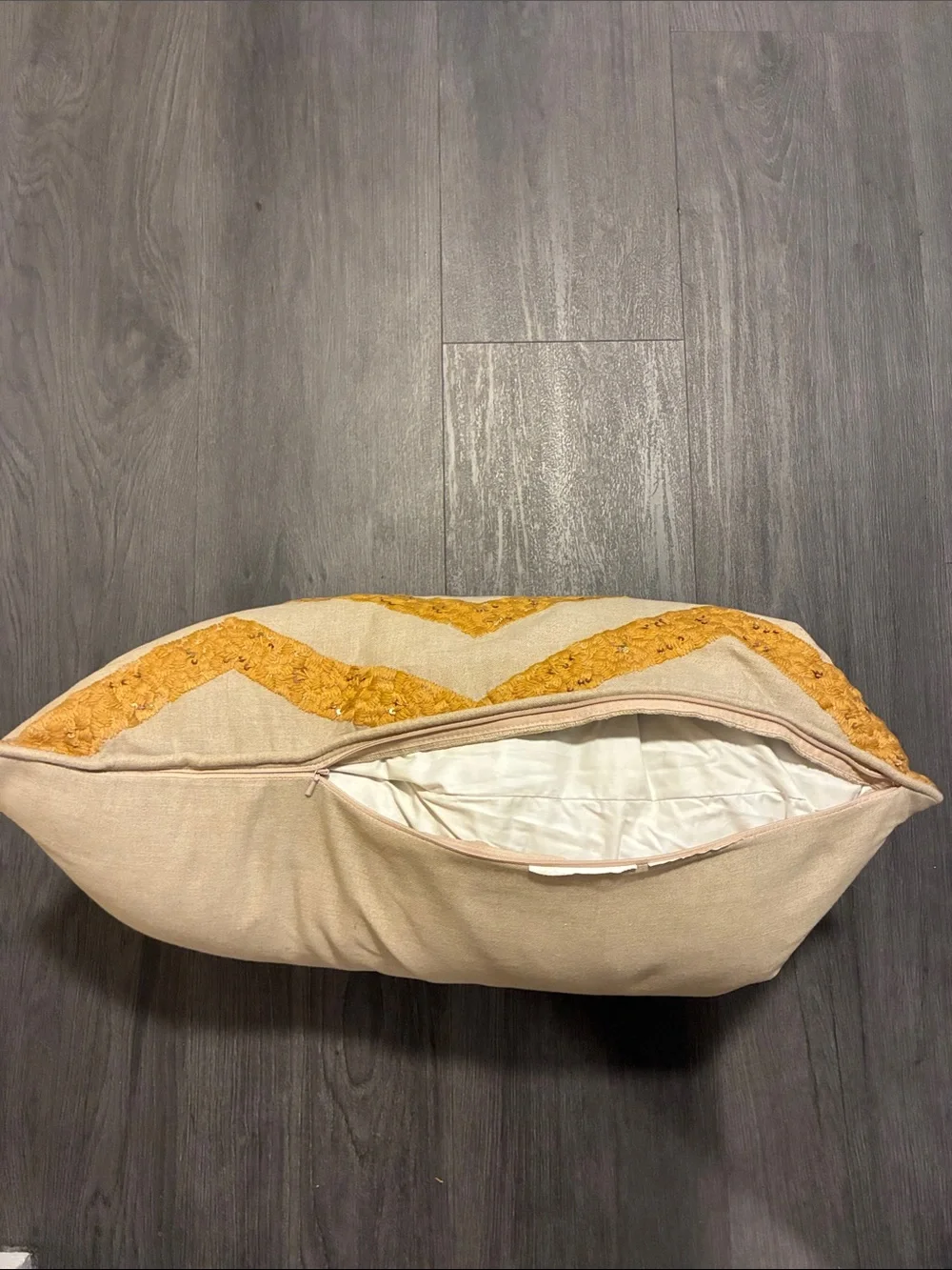 Anthropologie Mustard Chevron Embroidered Lumbar Pillow with Sequin Detail
